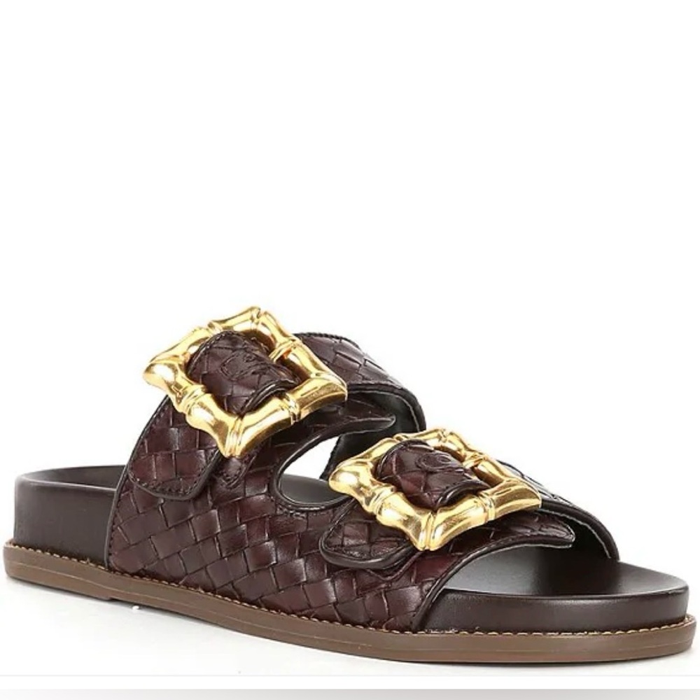 SCHUTZ Enola Brown Sporty Woven Sandals with Gold Bamboo Style Buckles